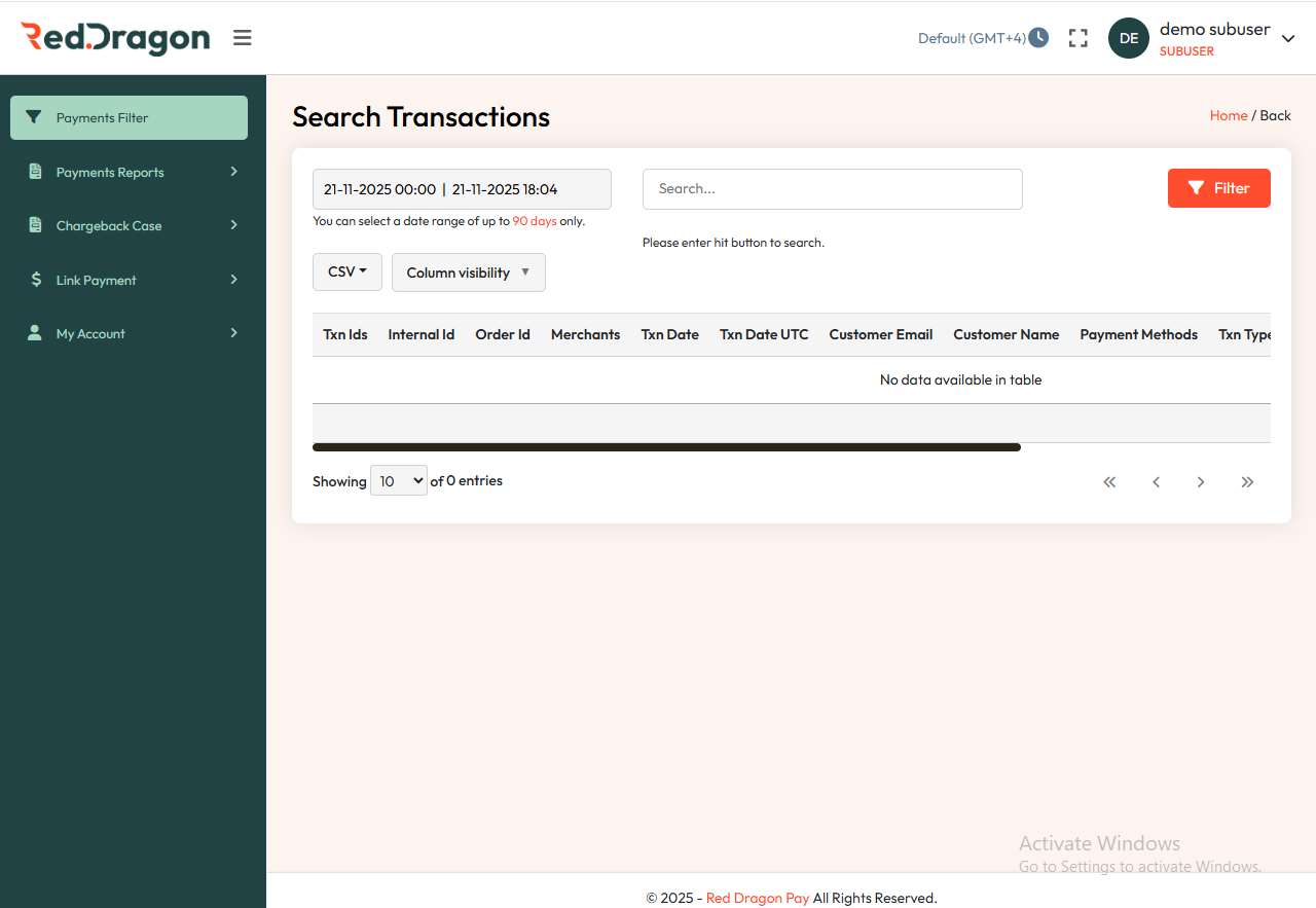 Sub-user Payment Filter